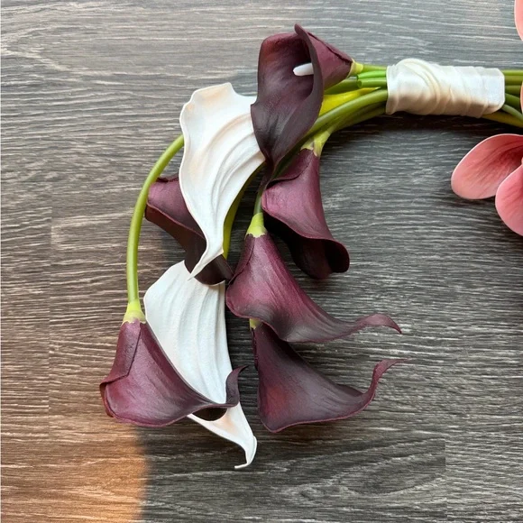 Curved Bridal Bouquet Pink Orchid and Purple Calla Lilies - Picture 9 of 10